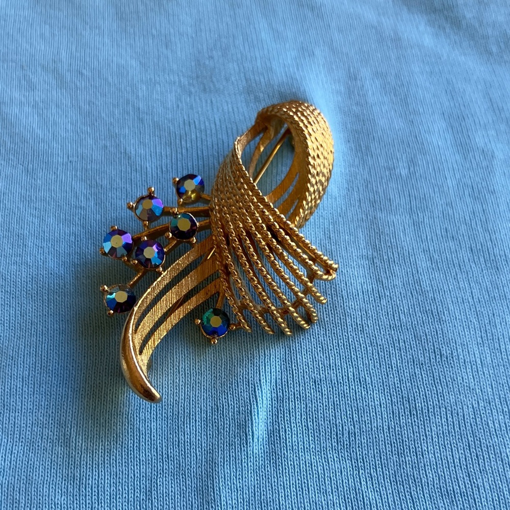 Gold and Blue Floral Brooch